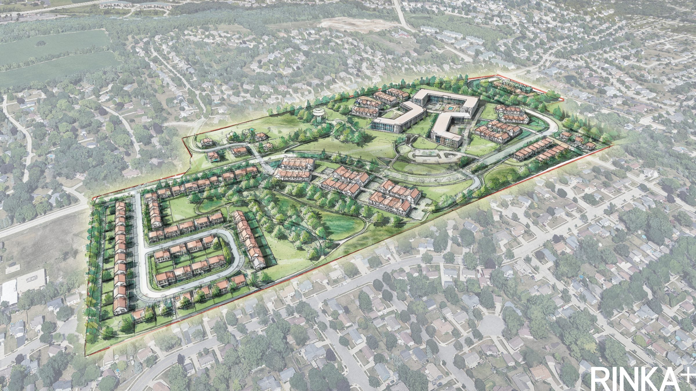 Aerial rendering of the planned F Street neighborhood on the former UW&ndash;Milwaukee at Waukesha campus