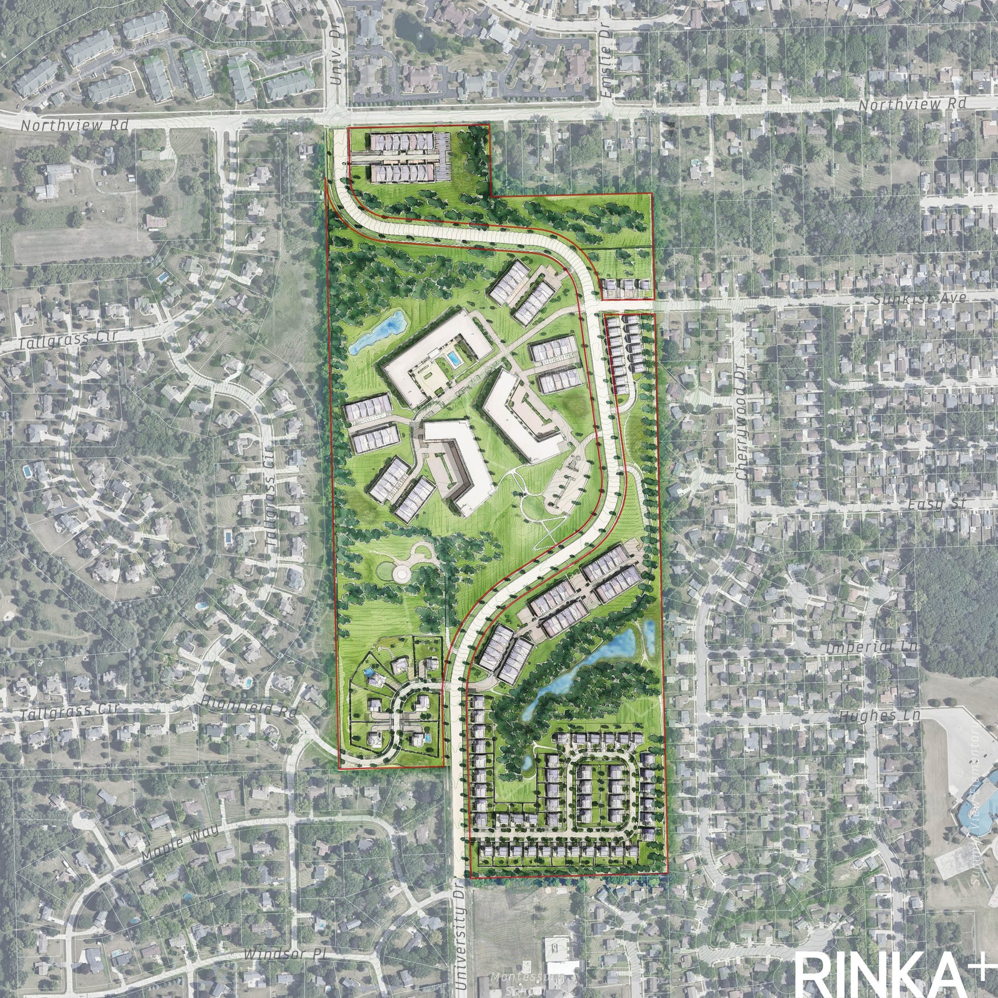 Site plan overlaid on an aerial photo of the campus and surrounding streets